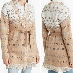 Lucky Brand boho Sweater Aztec Cardigan Beige with tie belt women’s size Medium